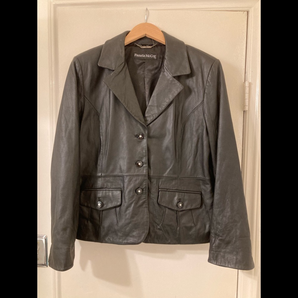 Genuine Leather Jacket w/ Rhinestone Buttons by Pamela McCoy. Size Large. Black